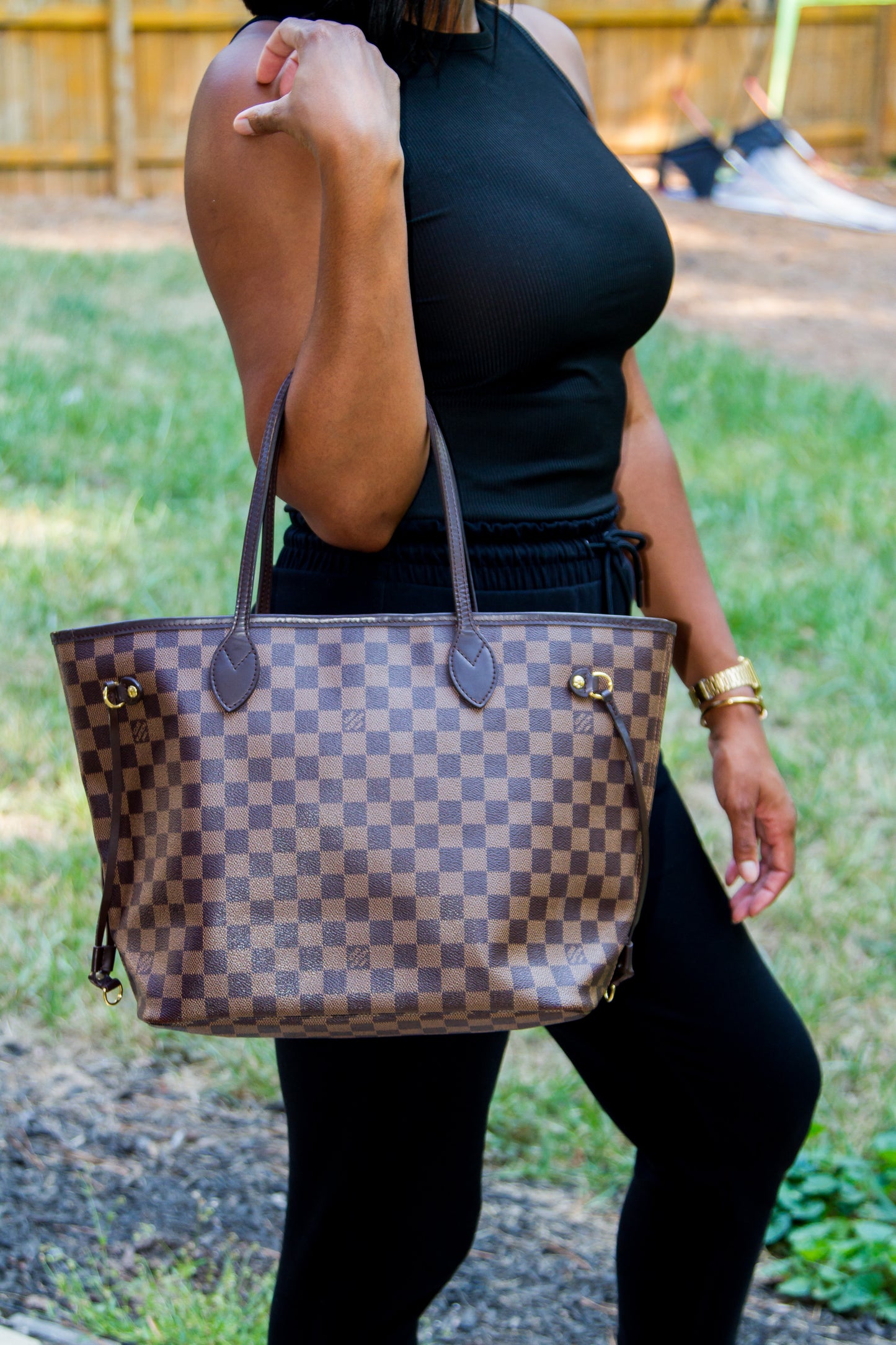 LOUIS VUITTON DAMIER EBENE CANVAS NEVERFULL MM TOTE BAG AR2144