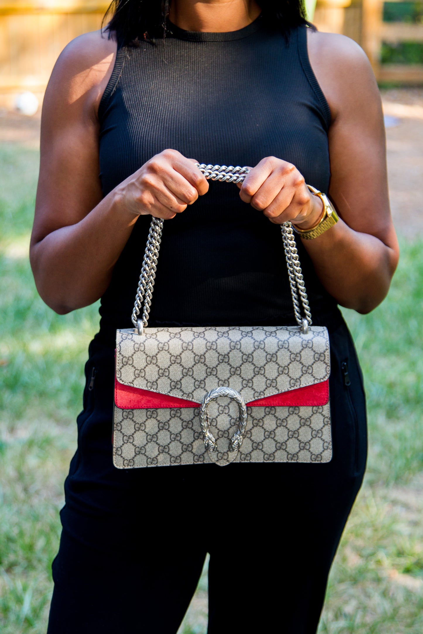 GUCCI DIONYSUS GG COATED CANVAS SUEDE RED SHOULDER BAG