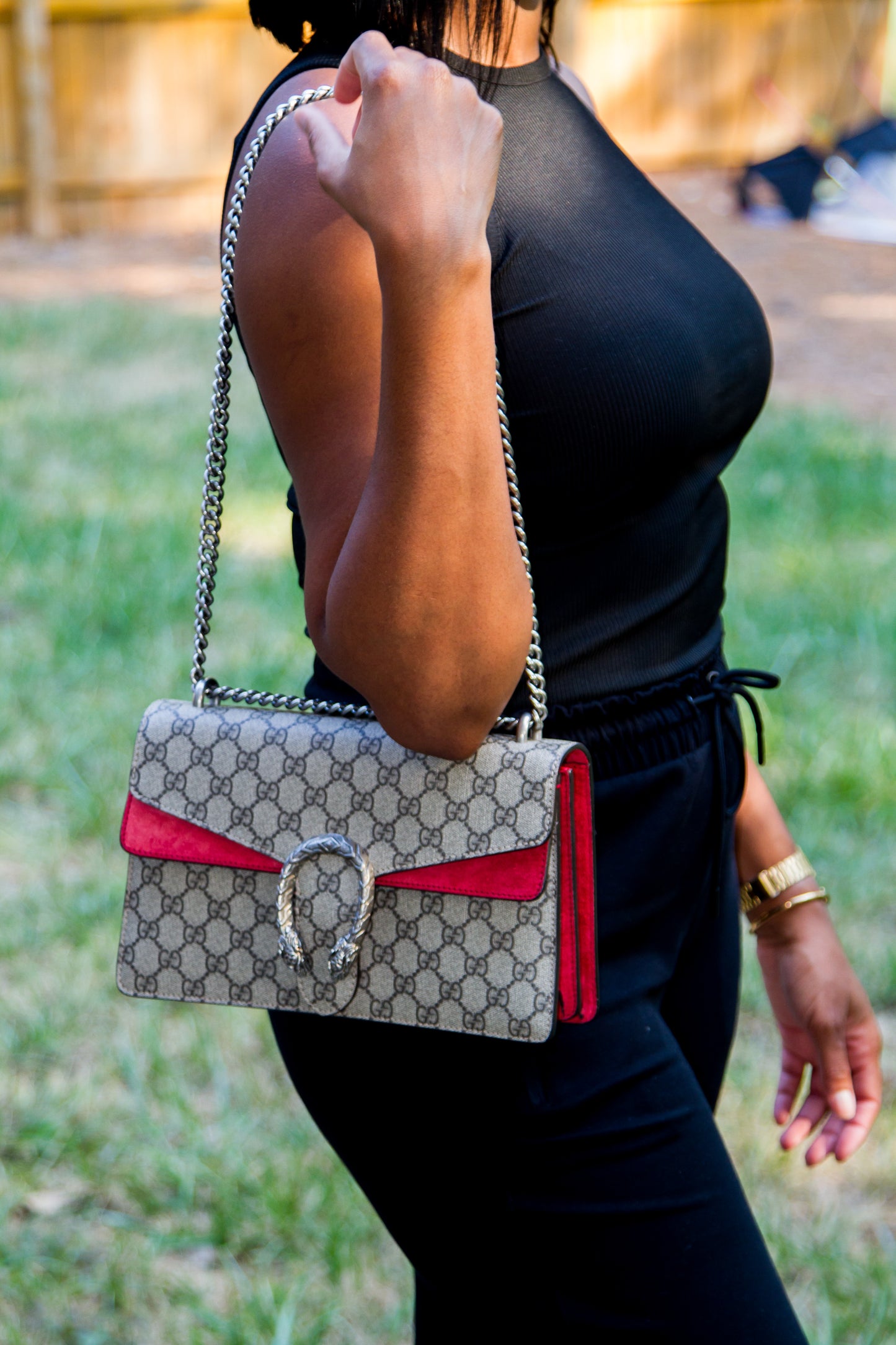 GUCCI DIONYSUS GG COATED CANVAS SUEDE RED SHOULDER BAG