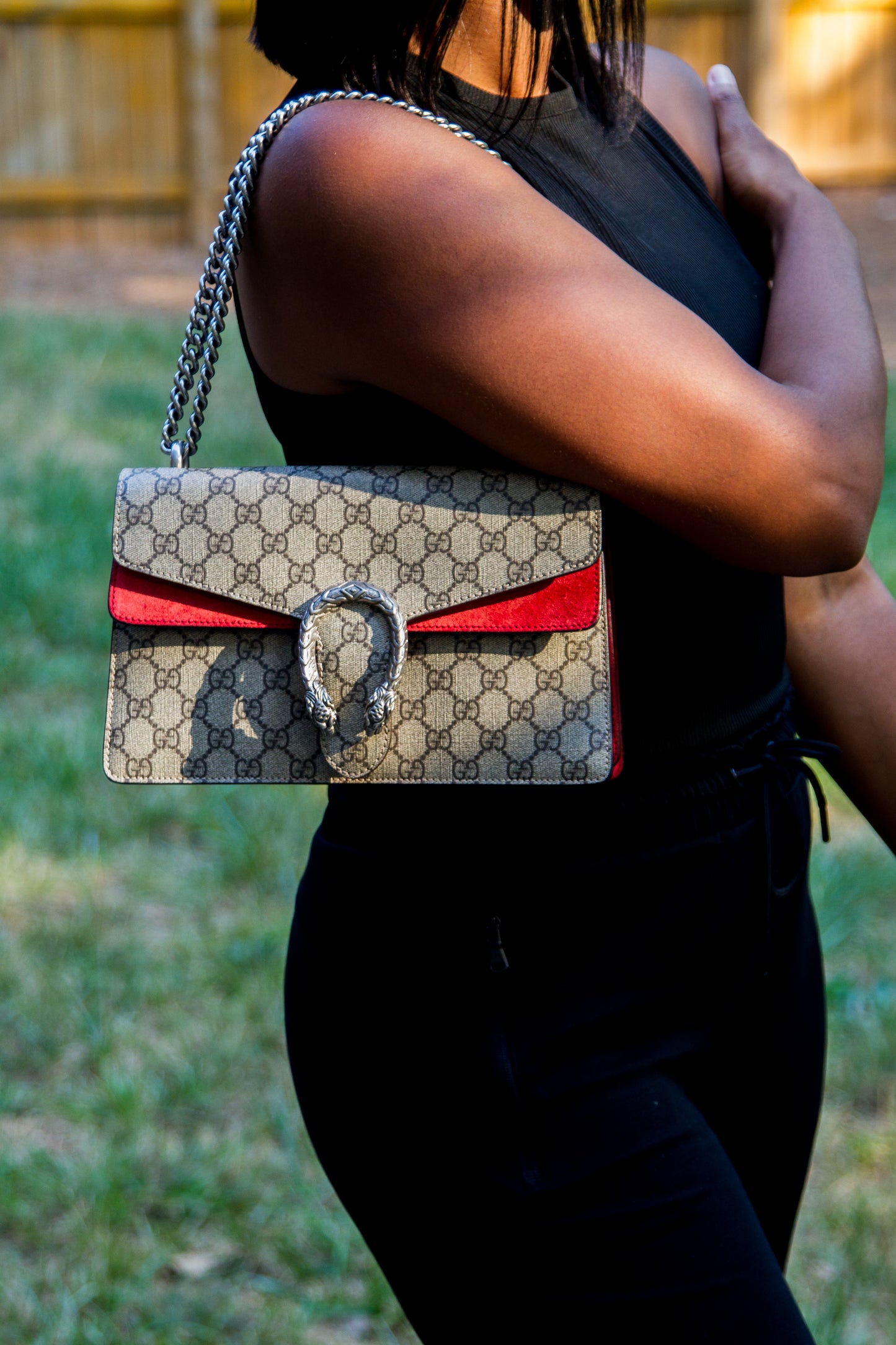 GUCCI DIONYSUS GG COATED CANVAS SUEDE RED SHOULDER BAG