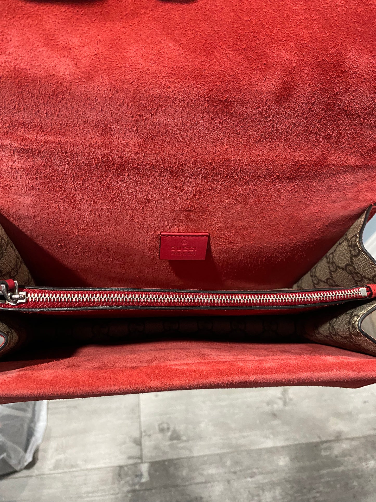 GUCCI DIONYSUS GG COATED CANVAS SUEDE RED SHOULDER BAG