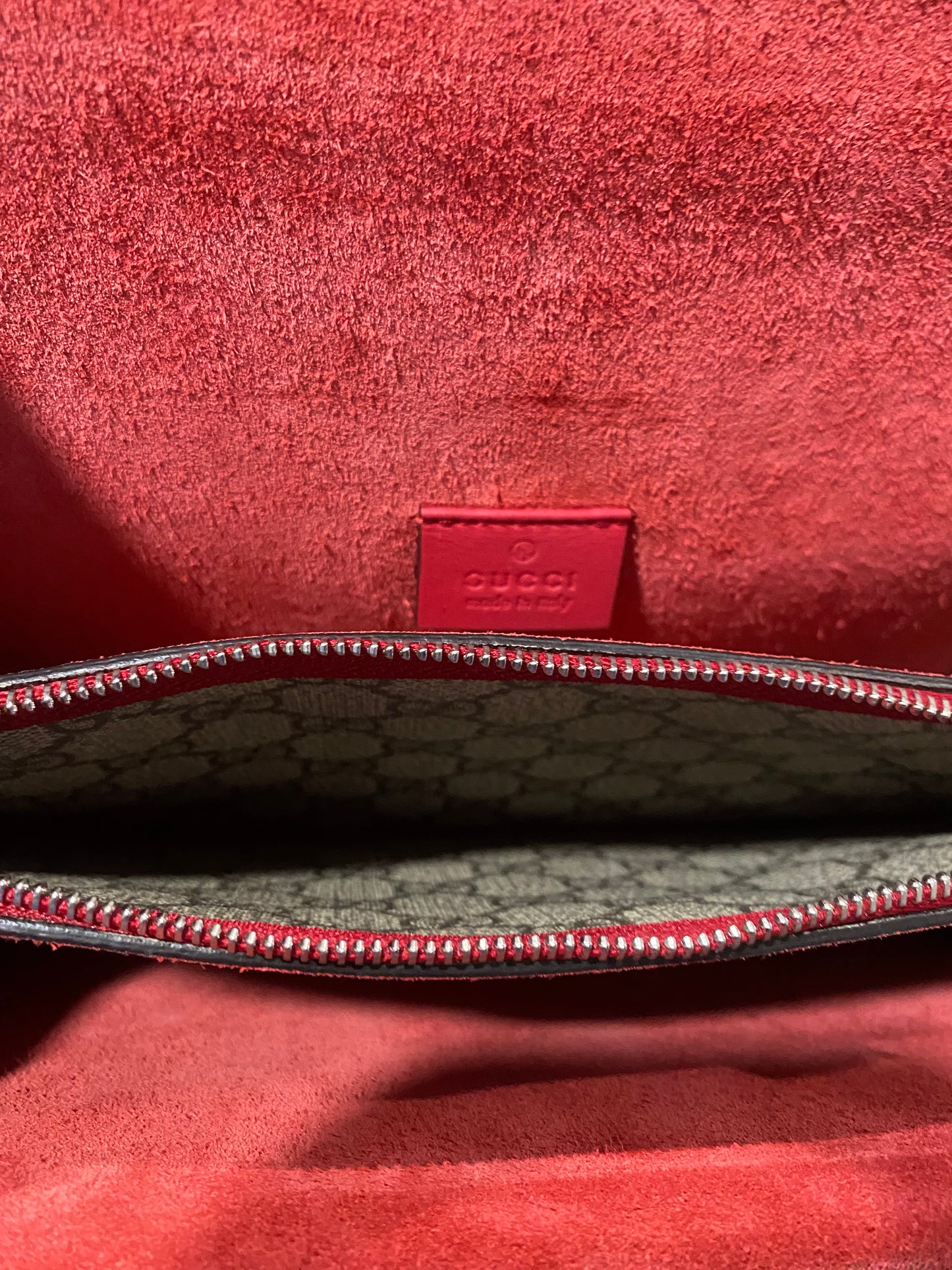 GUCCI DIONYSUS GG COATED CANVAS SUEDE RED SHOULDER BAG