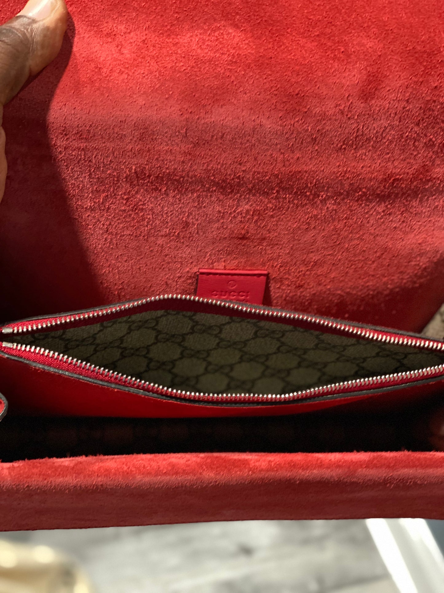 GUCCI DIONYSUS GG COATED CANVAS SUEDE RED SHOULDER BAG