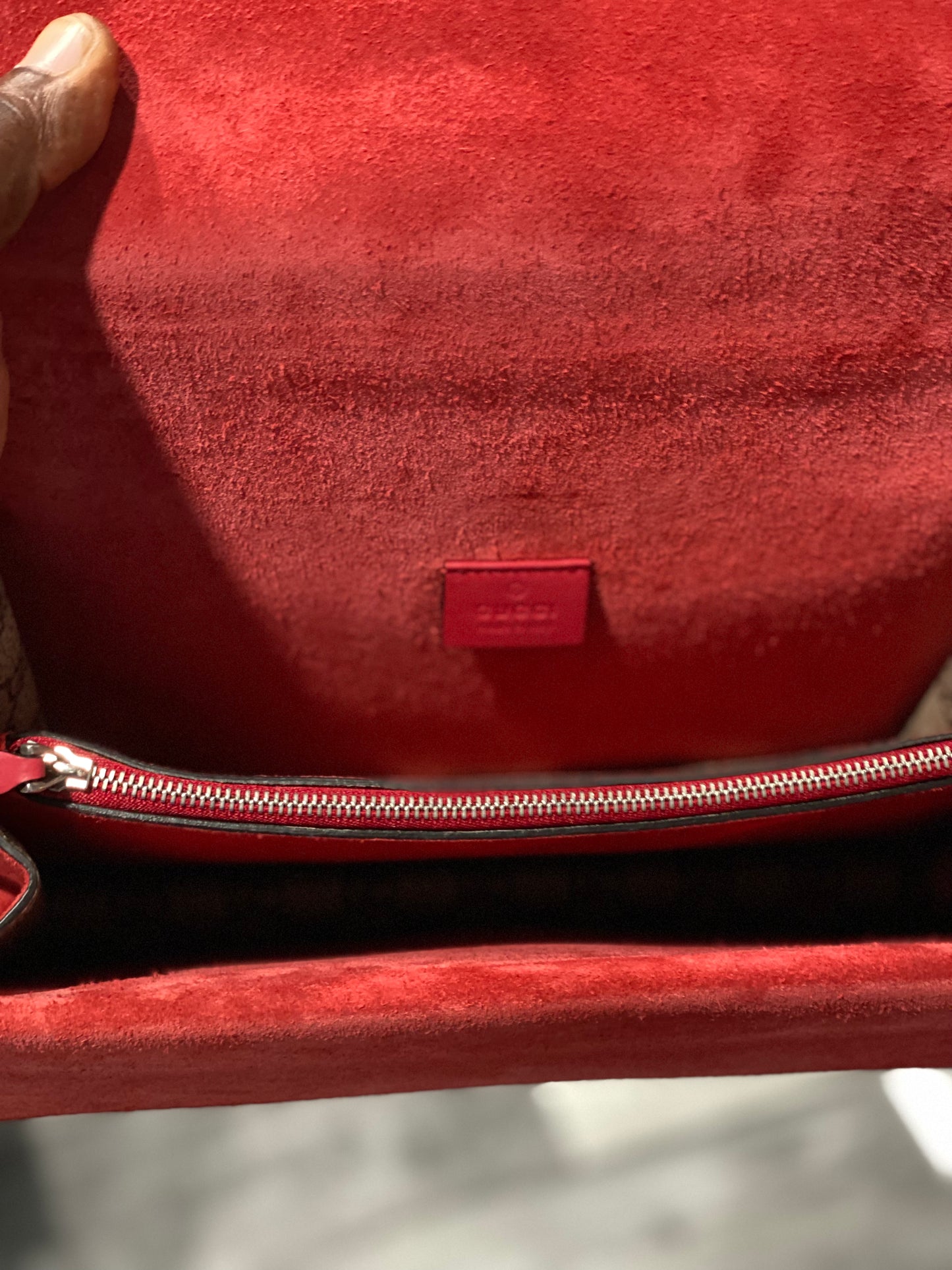 GUCCI DIONYSUS GG COATED CANVAS SUEDE RED SHOULDER BAG